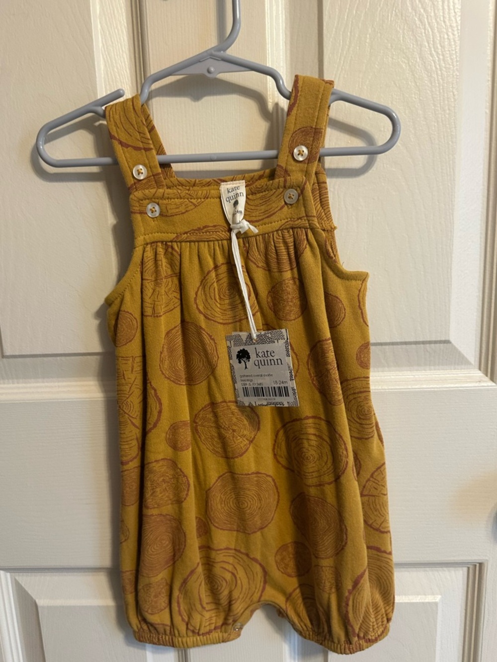 SOLD kate quinn Mustard Yellow Gathered Overall Shortie with Tree Ring Print